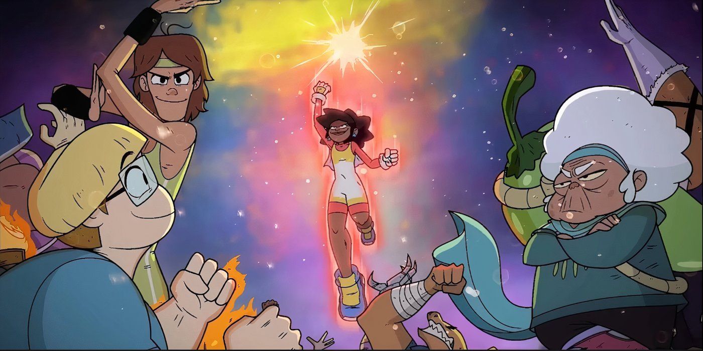 Andy rises above the crowd with a triumphant punch in Invincible Fight Girl.