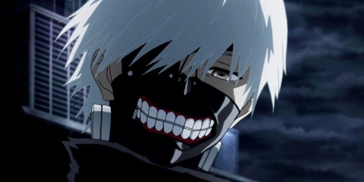 Ken Kaneki wears his ghoul mask to Tokyo Ghoul.