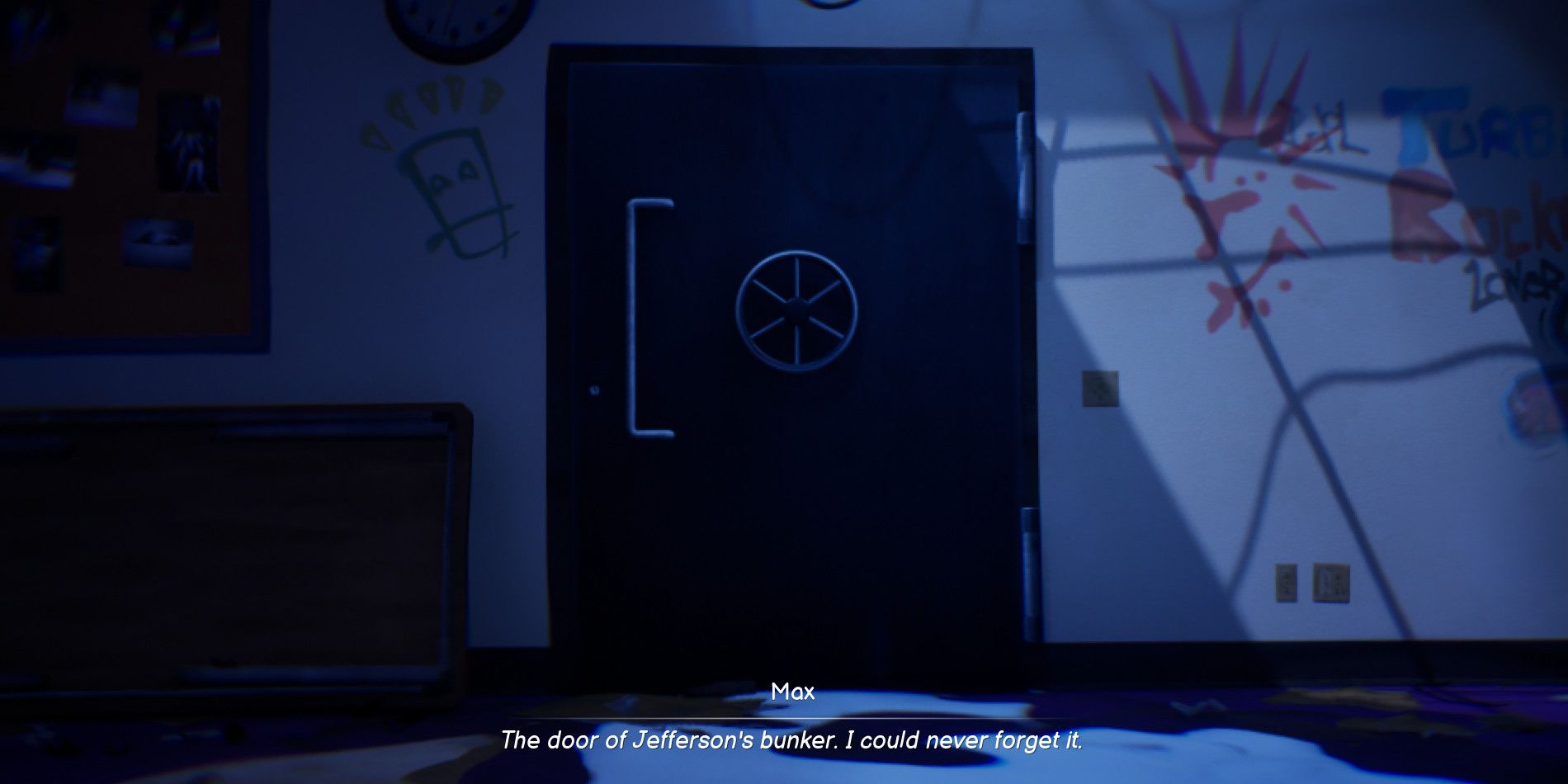 A porta do bunker do Sr. Jefferson na sequência do pesadelo em Life is Strange: Double Exposure