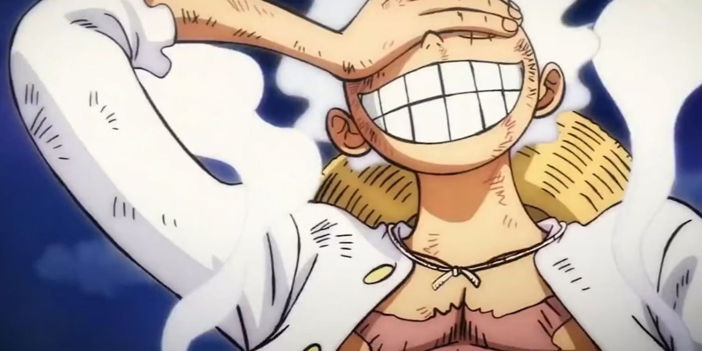 Monkey D. Luffy covering his eyes after using his Awakened Devil Fruit to achieve Gear 5 in One Piece's Wano Country Arc