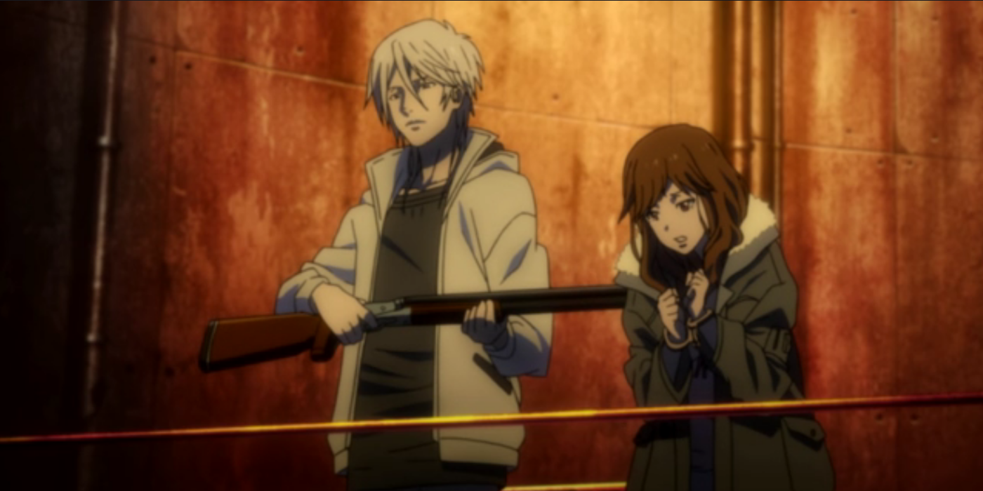 Makishima Shogo habla con Akane Tsunemori sobre el libre albedrío mientras amenaza a una de sus amigas en Pyscho Pass.