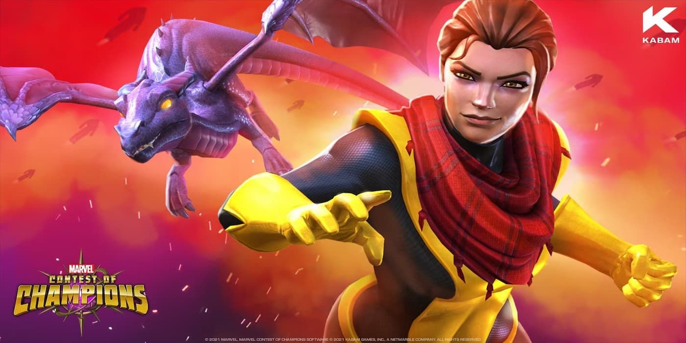 Marvel Contest of Champions Kitty Pryde ao lado de um dragão