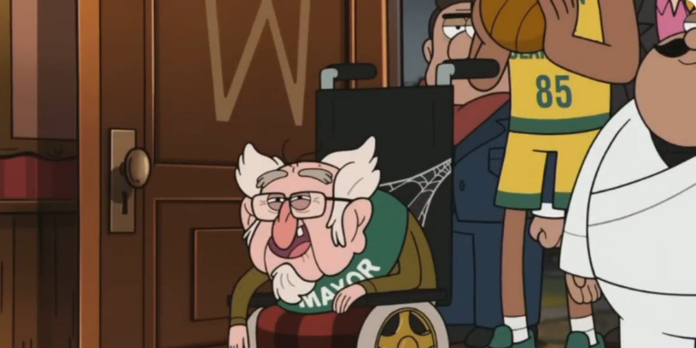 O prefeito Befufftlefumpter está entrando na mansão do Noroeste enquanto sorri em Gravity Falls.