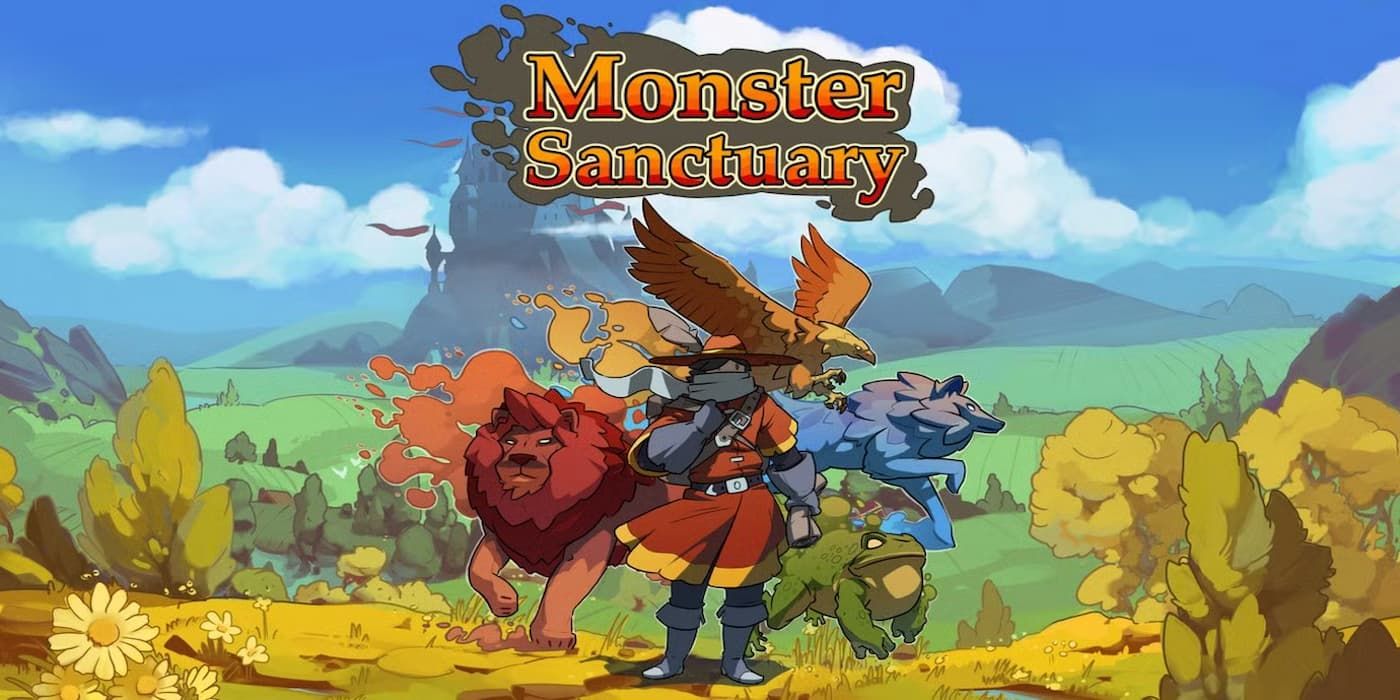 Arte de portada de Monster Sanctuary con el jugador y los monstruos.