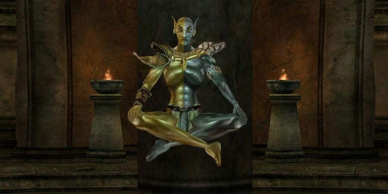 Vivec medita dentro de seu templo nos rolos mais velhos III: Morrowind.