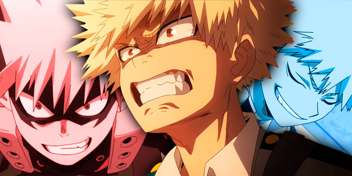 A collage of My Hero Academia's Bakugo grinning and looking angry