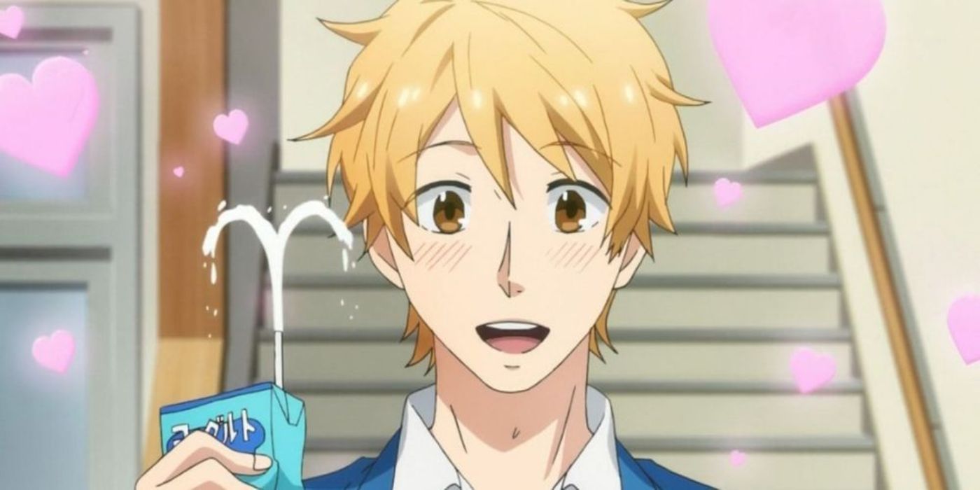 Natsuki sonriendo con corazones a su alrededor en Rainbow Days.