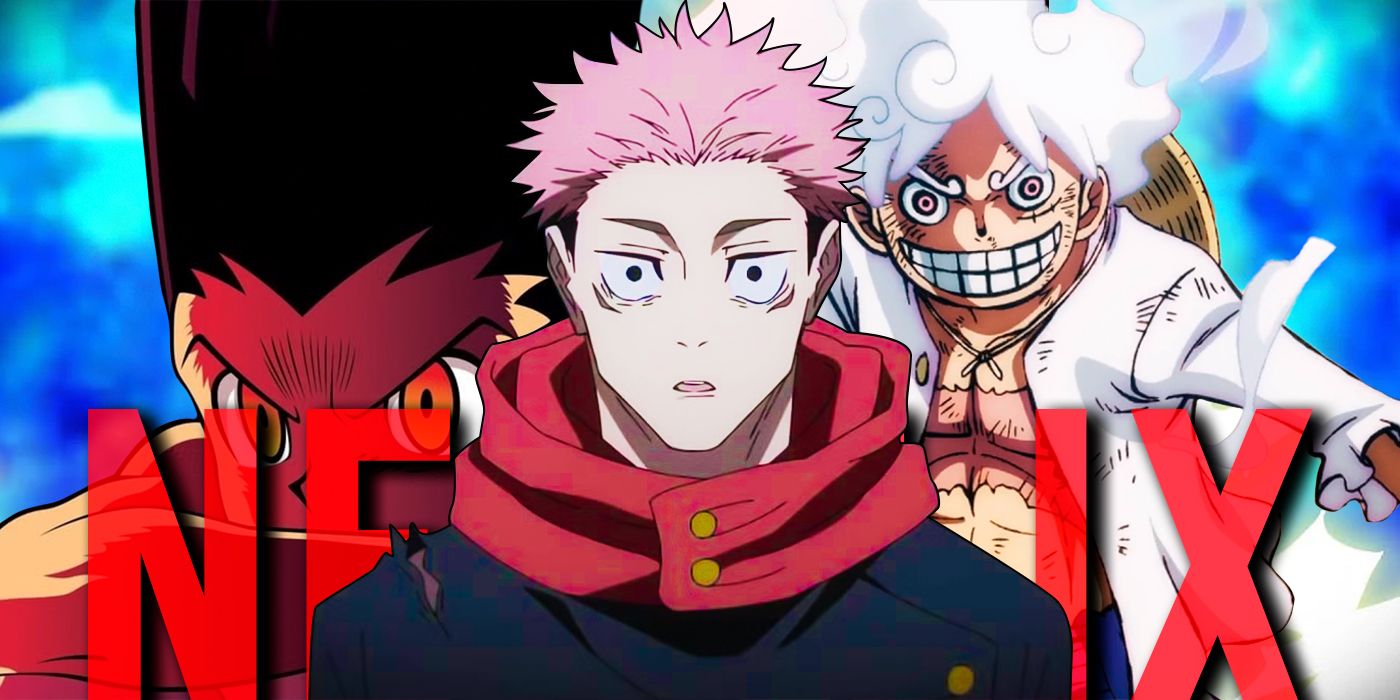 In the foreground, Yuji from Jujutsu Kaisen with a traumatized-looking face, Gon unleashing his full power in Hunter x Hunter, and Luffy