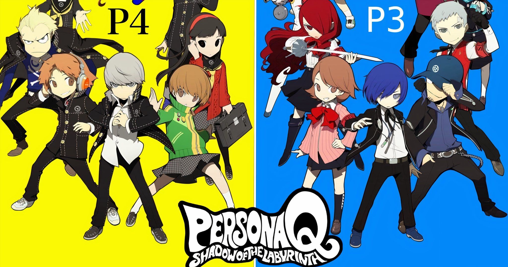 P4 MC, Chie, Yukiko, Mitsuru, Yukari y P3 MC – Persona Q: Shadow of the Labyrinth