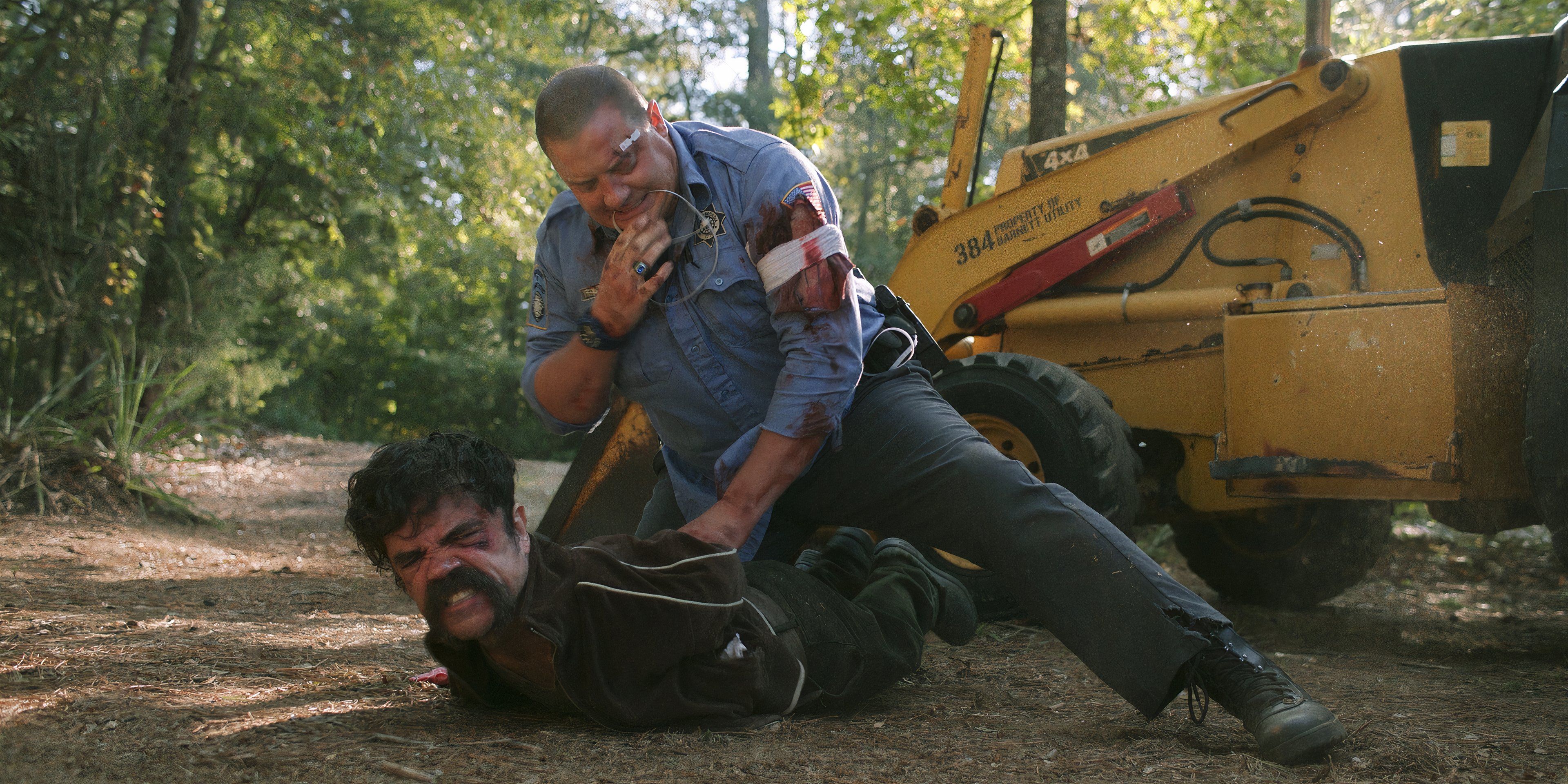 In the movie “Brothers,” Farful (actor Brendan Fraser) arrests Jady (Peter Dinklage) in the woods