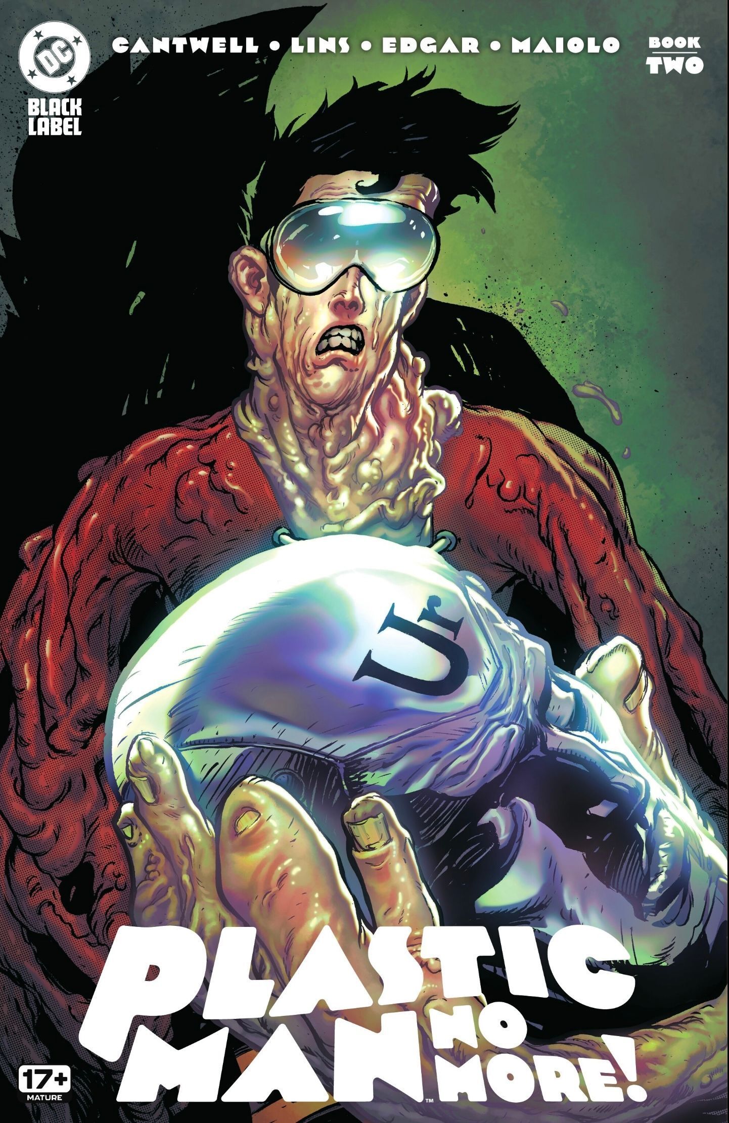 Plastic Man No More 2 Cover by Alex Lins and Marcelo Maiolo featuring Plastic Man holding the head of Uranium