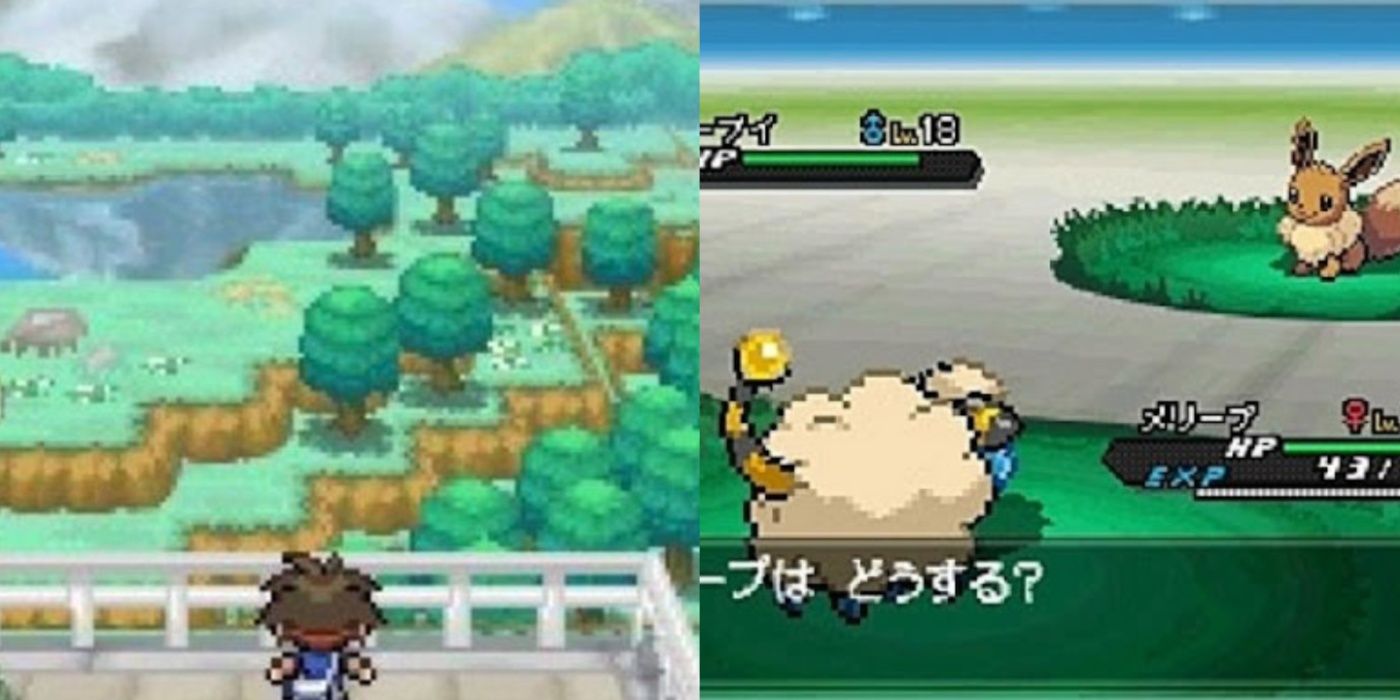 Imagen dividida del juego Pokémon Black 2 con el jugador mirando el mundo y Mareep luchando contra un Eevee.