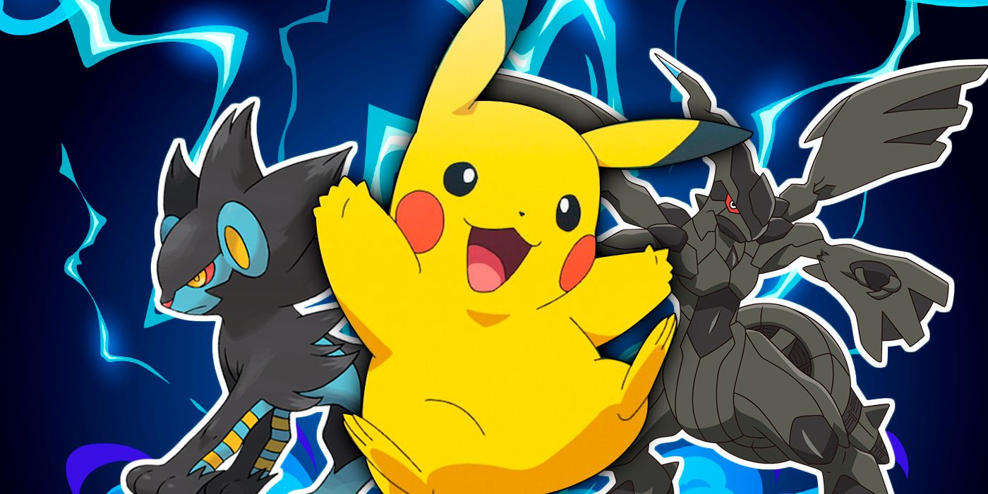 Luxray, Zekrom , Pikachu in front a Stormy background