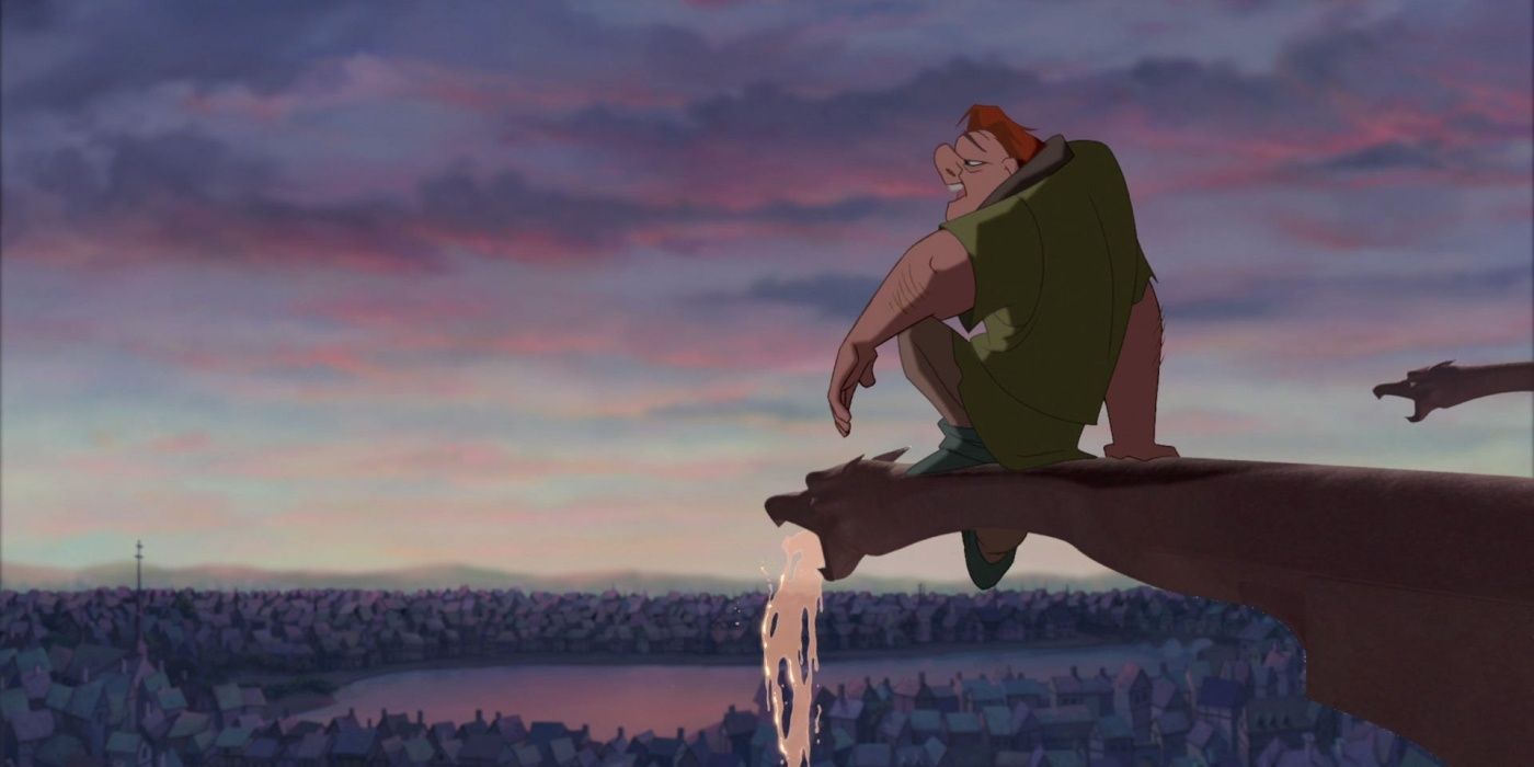 Quasimodo reflective on a ledge in the Hunchback of Notre Dame.