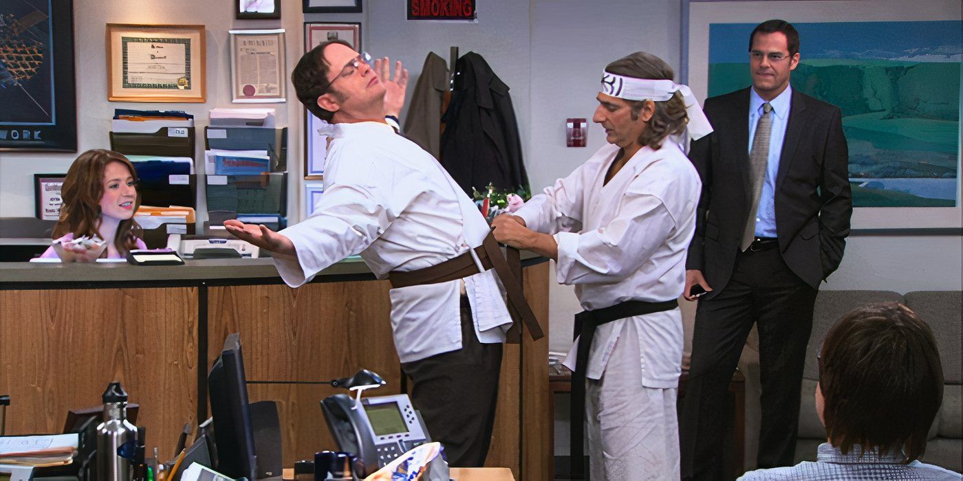 Rainn Wilson as Dwight Schrute and Michael Imperioli as Sensei Billy in The Office Episode Livin' the Dream