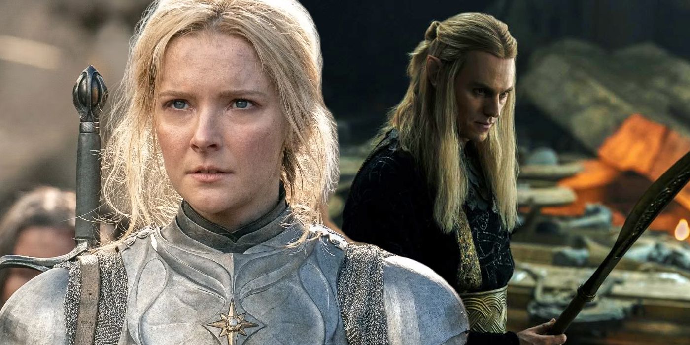 Split image featuring Morfydd Clarke as Galadriel and Charlie Vickers as Annatar in The Rings of Power