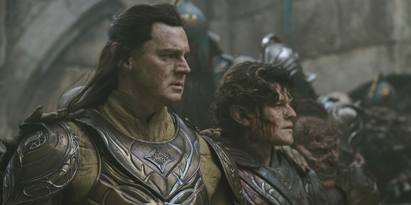 Gil-galad (Benjamin Walker) and Elrond (Robert Aramayo) in The Rings of Power Season 2 finale