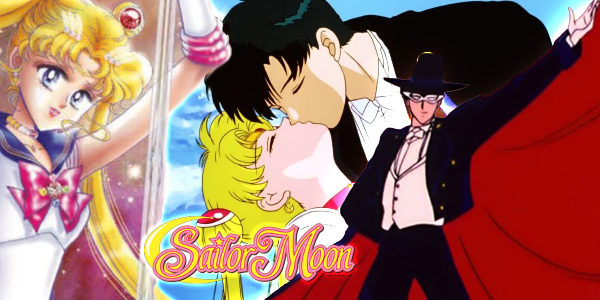 Sailor Moon and Tuxedo Mask collage with a kiss