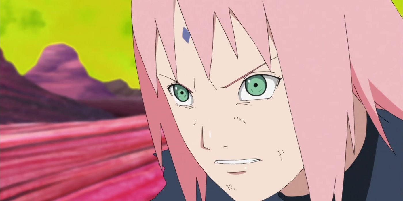 Sakura Haruno frowns bearing the Hundred Healings Mark in Naruto: Shippuden