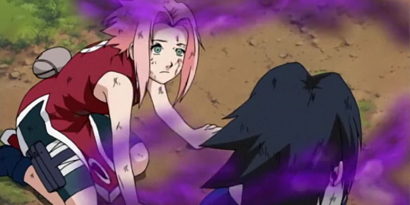 Sakura looks at Sasuke confused as he has an immense amount of chakra coming out of him in Naruto