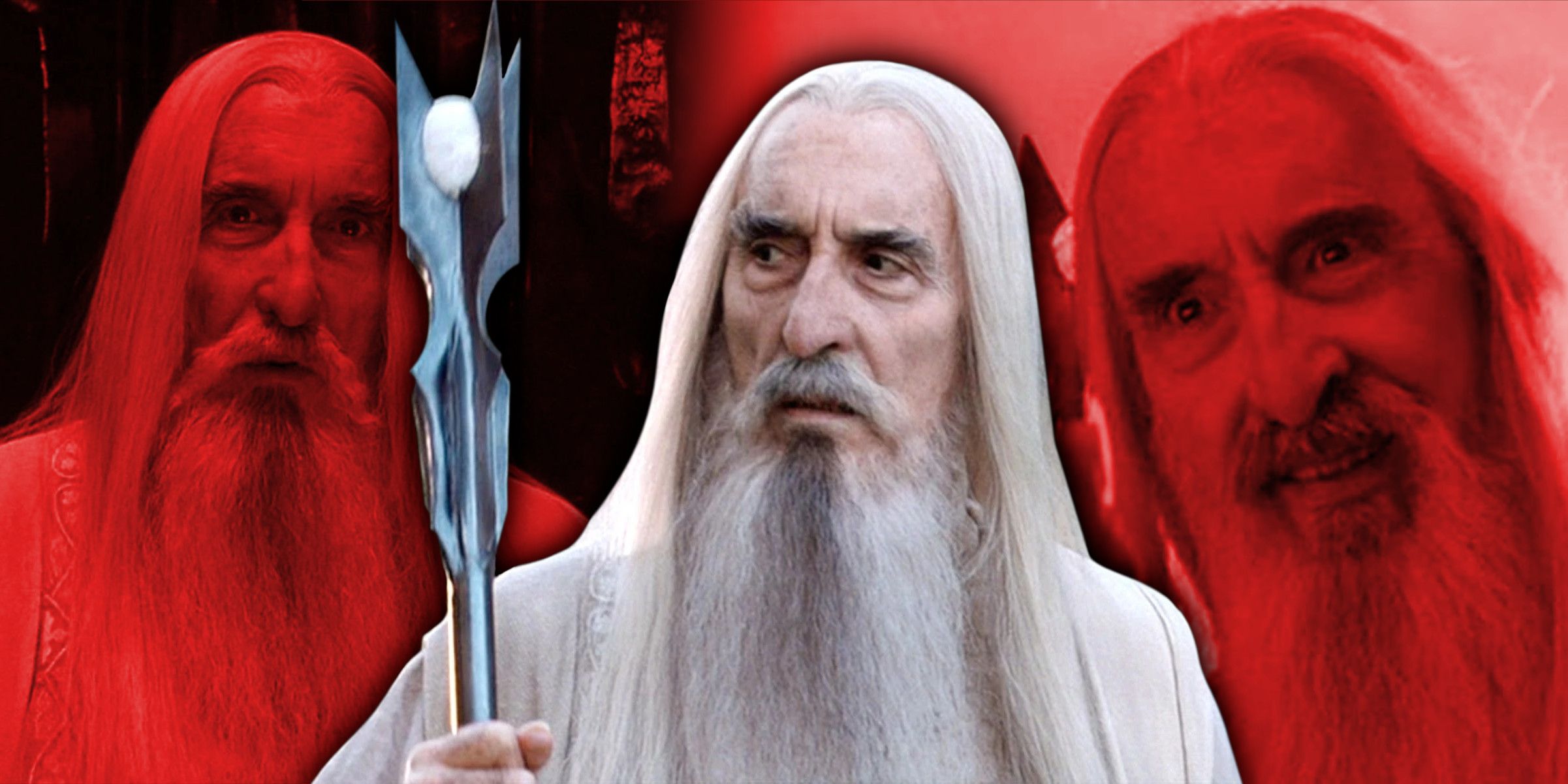 A collage of Sir Christopher Lee as Saruman in The Lord of the Rings films