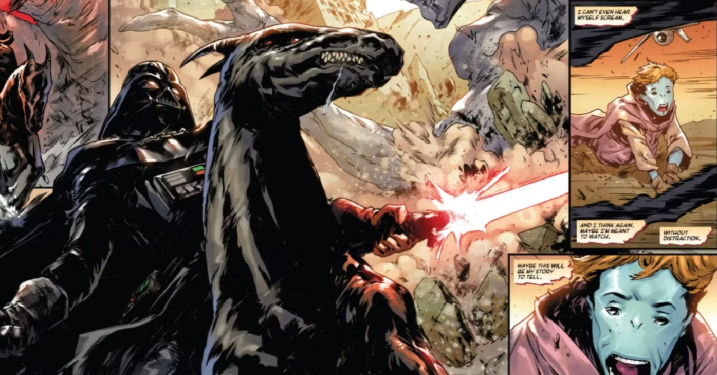 Darth Vader rides a mount and saves a child from a vicious beast in Vader: Dark Visions.