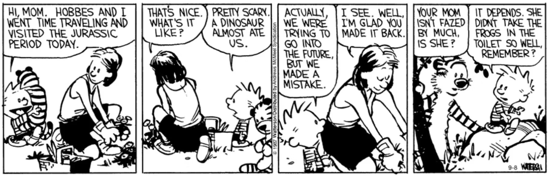 Calvin conta à mãe sobre sua aventura de viagem no tempo em Calvin e Hobbes.