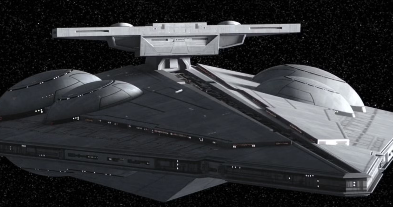 Um Imperial Interdictor Cruiser voa pelo espaço em Star Wars Rebels.