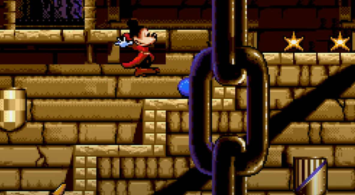 Mickey salta escaleras en un castillo en Sega Fantasia.