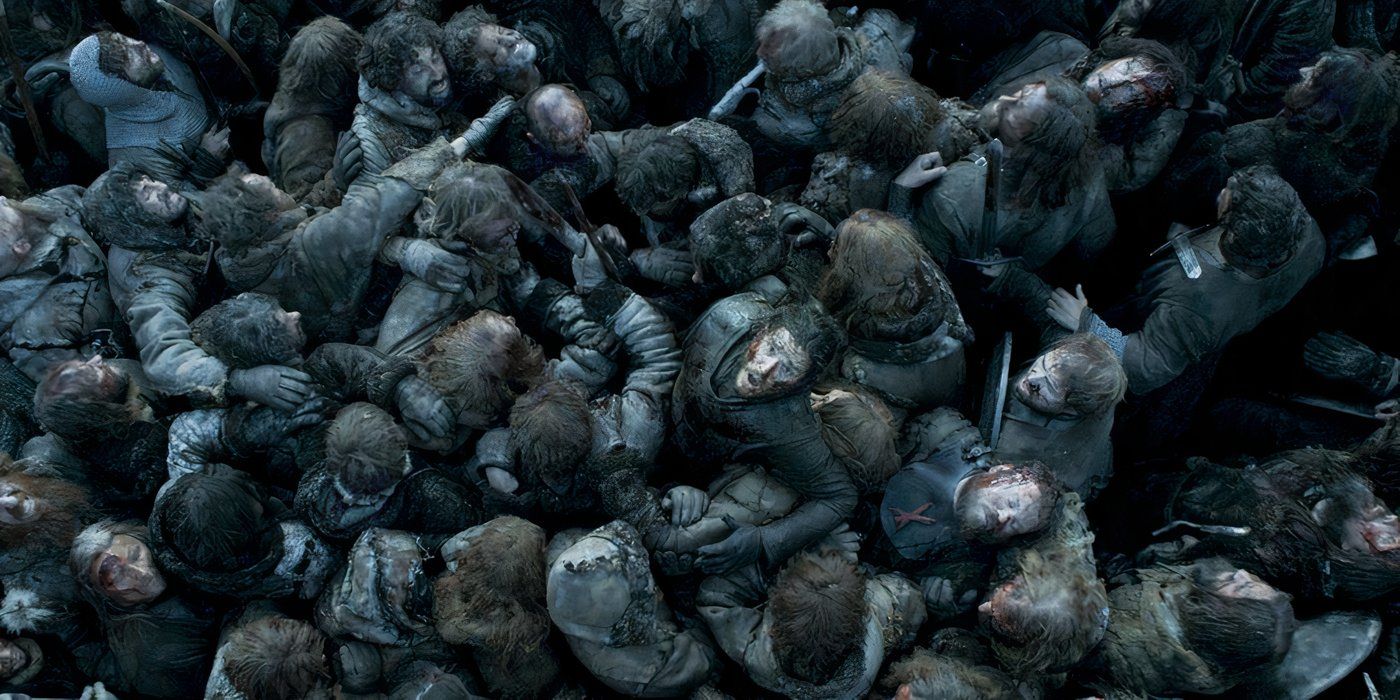 Jon Snow barely survives in the Battle of the Bastards at the point when his army is losing and just before Sansa arrives with back up. 