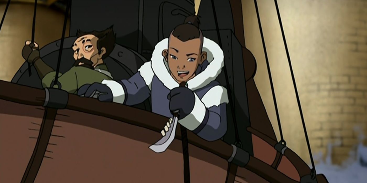 Sokka and the Mechanist ride a hot air balloon.