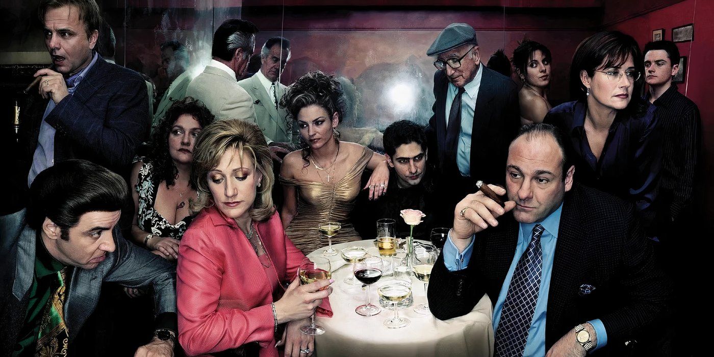 Tony Soprano et le reste des personnages sur la couverture de l'affiche de la saison quatre des Sopranos.