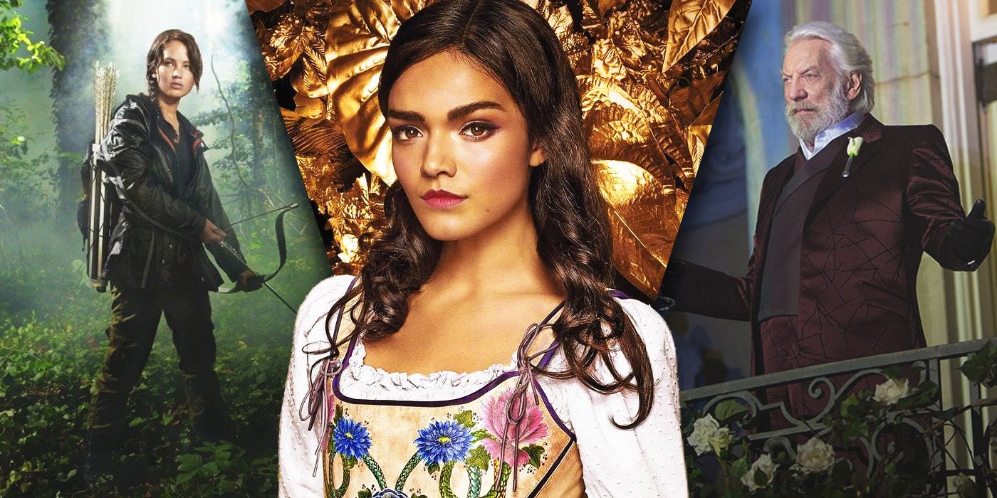 Una imagen dividida de Lucy Gray, Katniss y Snow