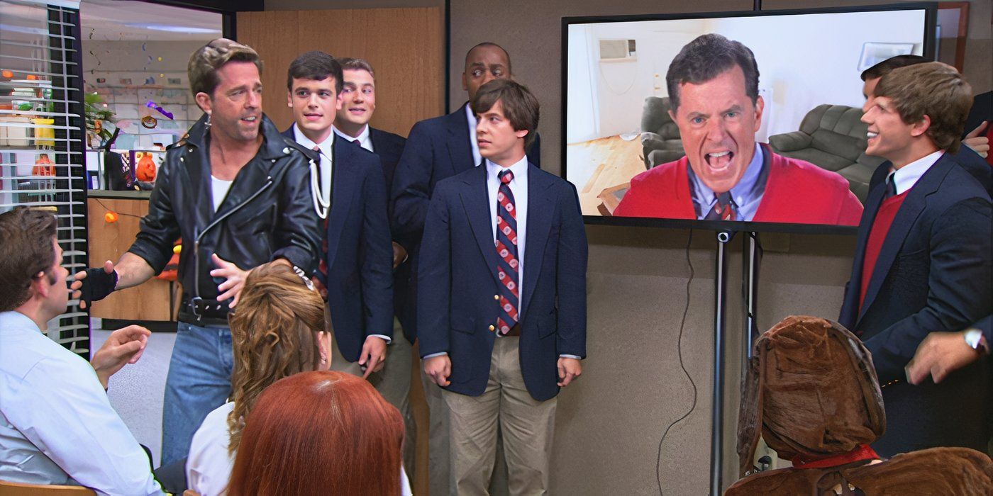 Stephen Colbert as Broccoli Rob and Ed Helms as Andy Bernard in The Office Episode Here Comes Treble