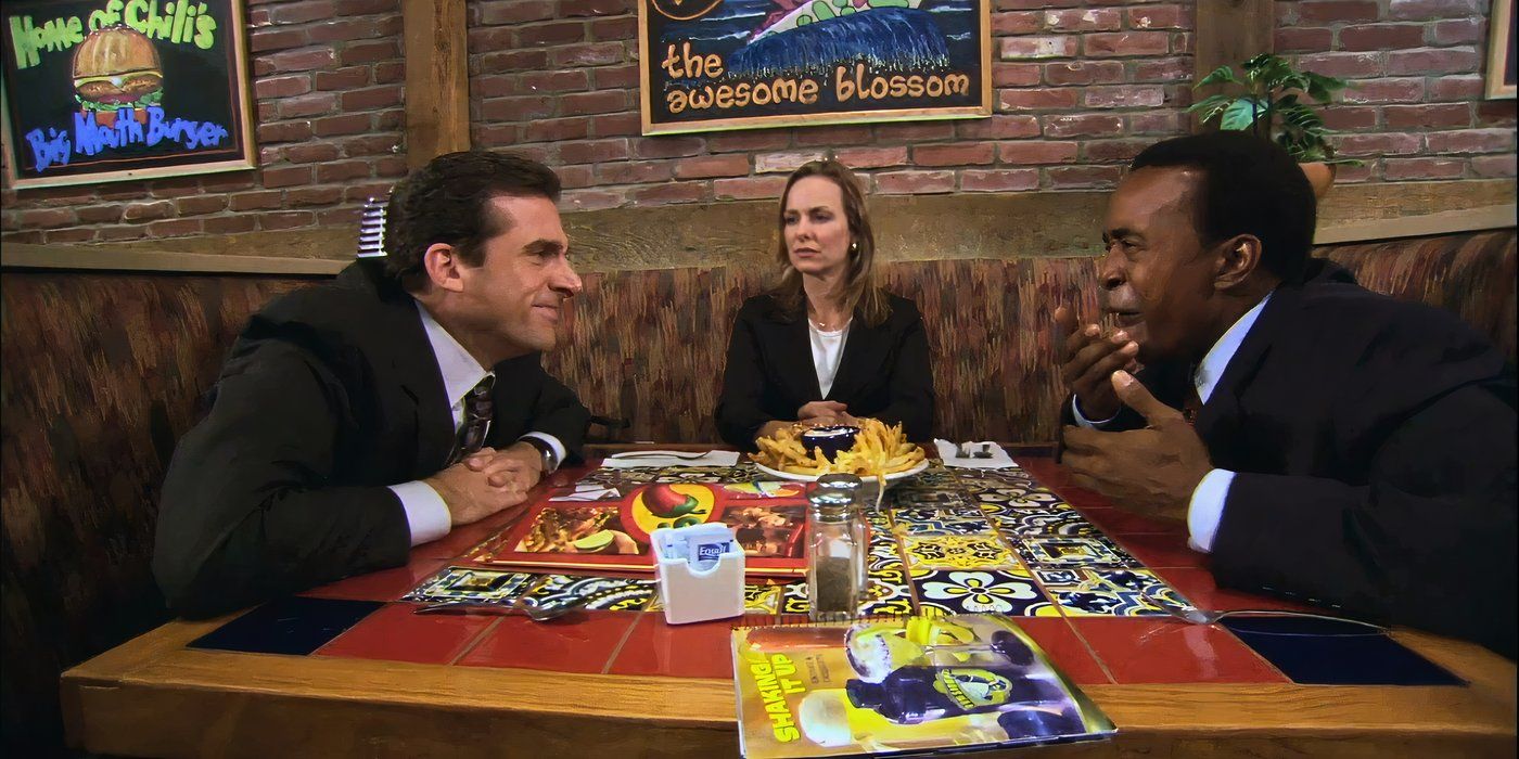 Steve Carell as Michael Scott, Melora Hardin as Jan Levinson, and Tim Meadows as Christian in The Office Episode The Client