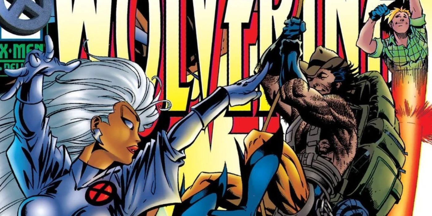 Storm y Cannonball vuelan mientras Wolverine trepa por una cuerda con una mochila pesada en Marvel Comics.