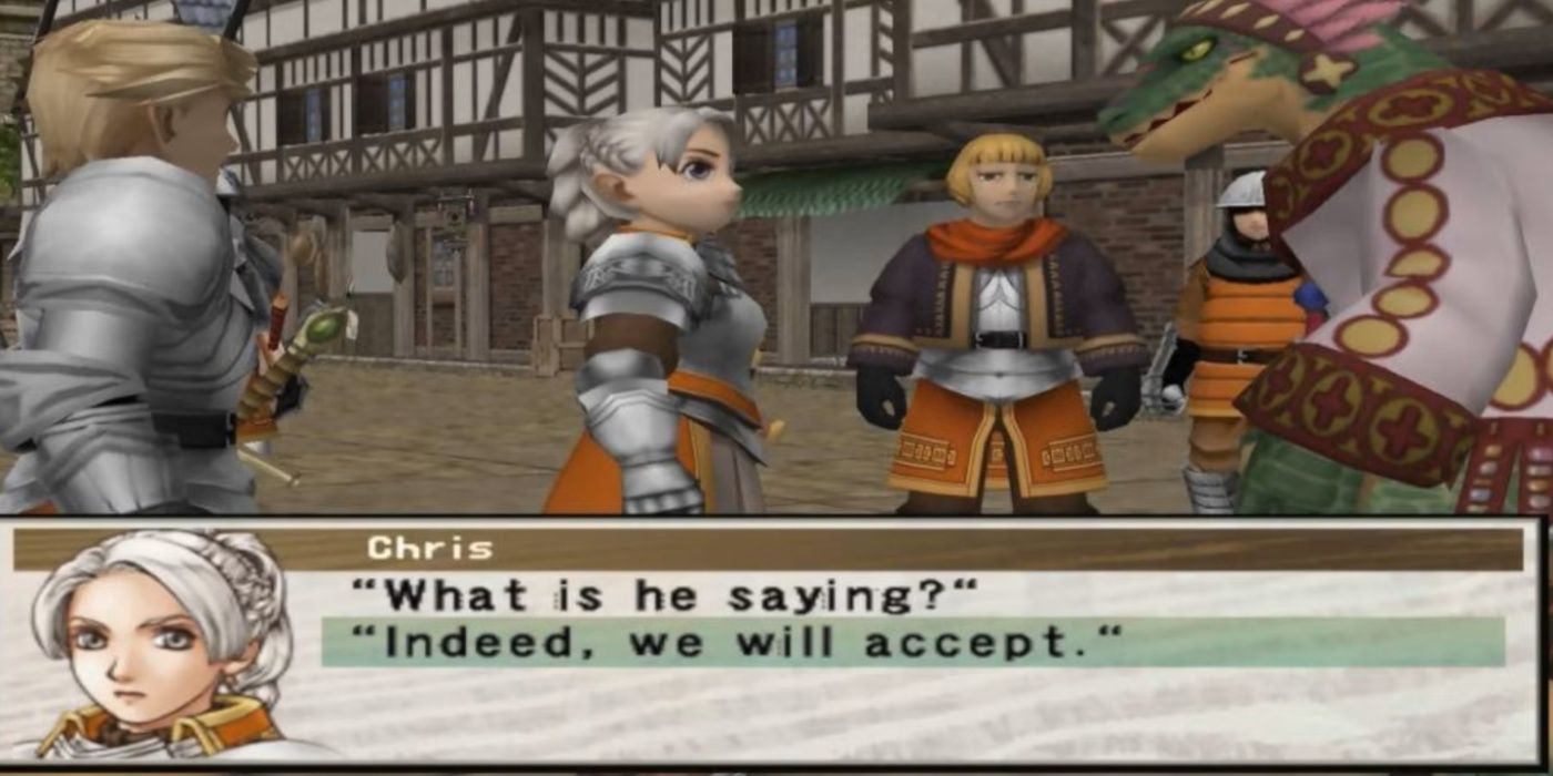 Jogabilidade de Suikoden 3 apresentando Chris em uma sequência de diálogo com um NPC reptiliano.