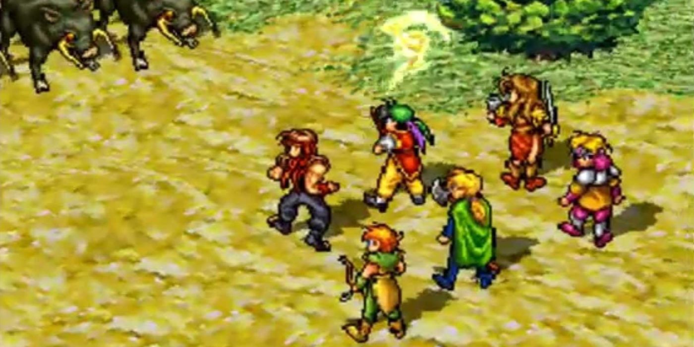 Jugabilidad de Suikoden PS1 que muestra al grupo preparándose para el combate por turnos.