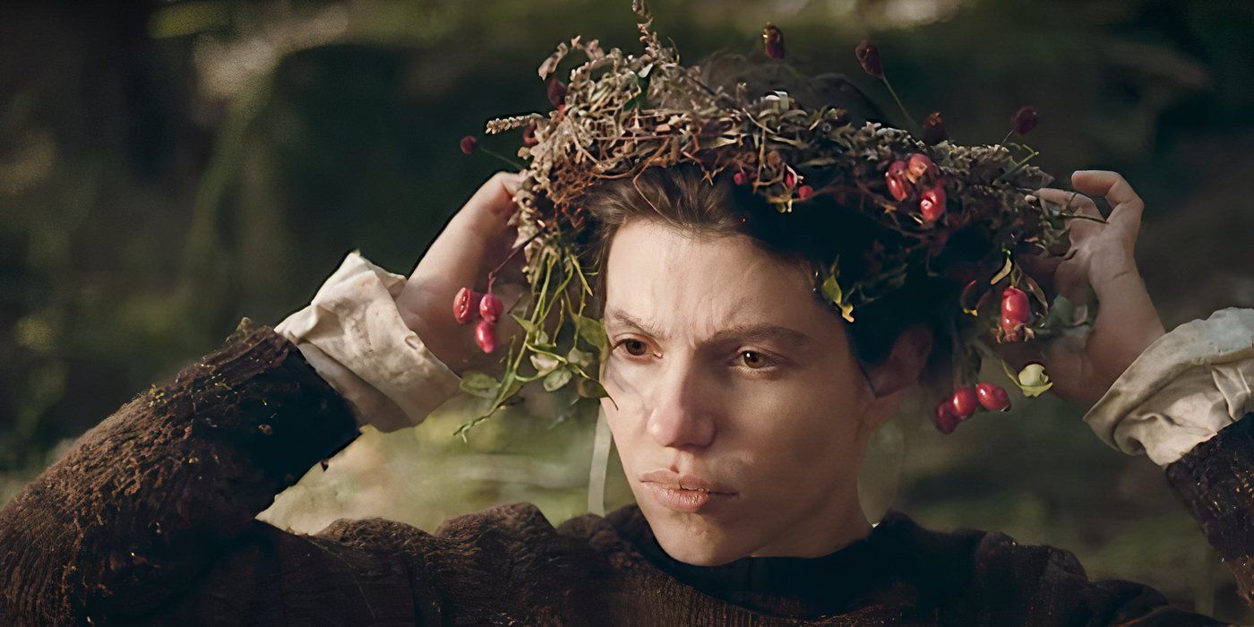 A woman is putting on a crown of flowers in The Devi's Bath