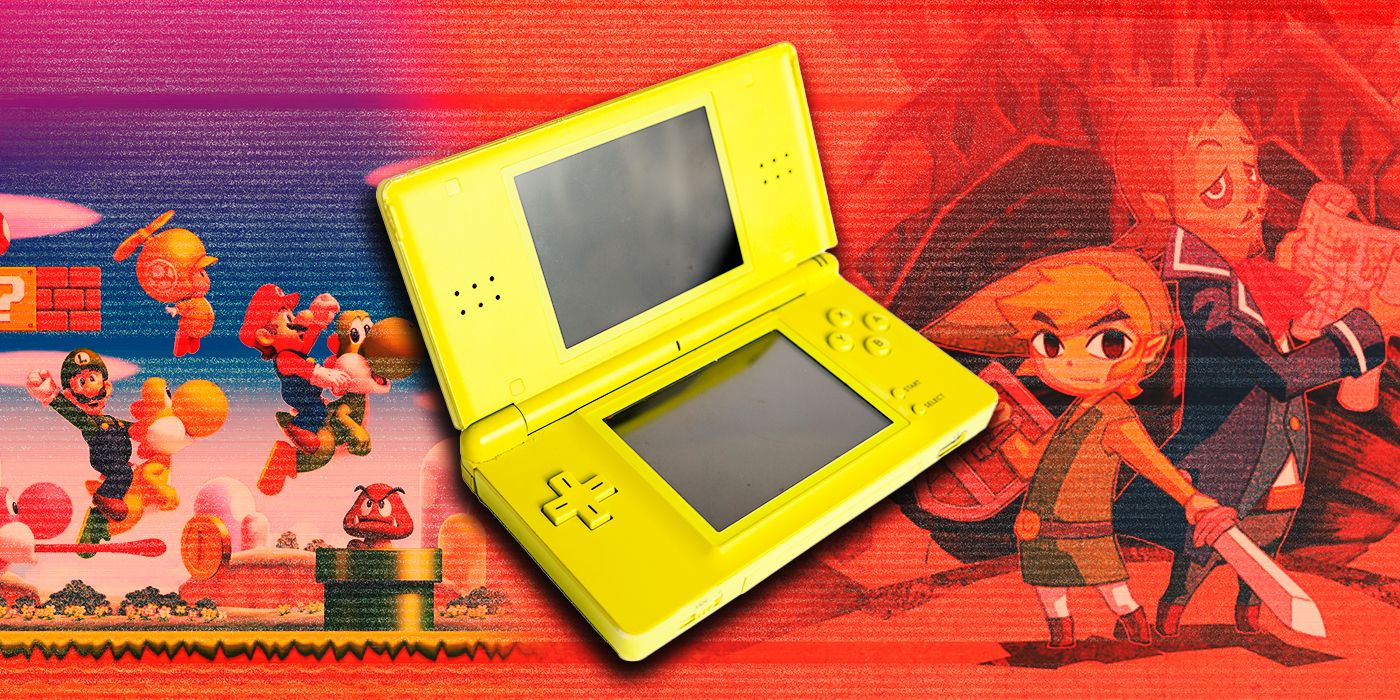 The Nintendo DS with The Legend of Zelda: Phantom Hourglass and New Super Mario Bros in the background