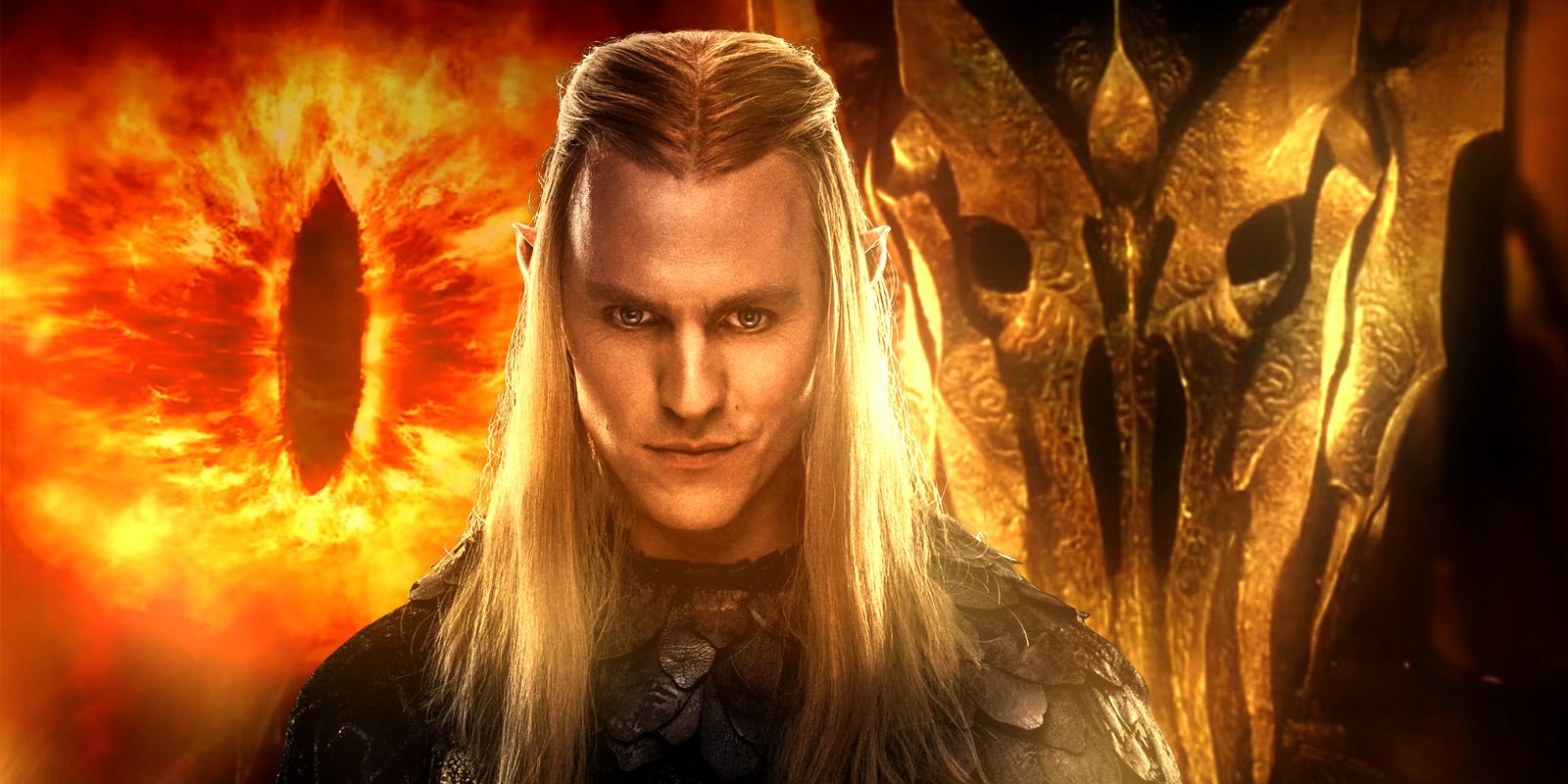 Charlie Vickers as Annatar surrounded by the fiery eye of Sauron from The Rings of Power Season 2