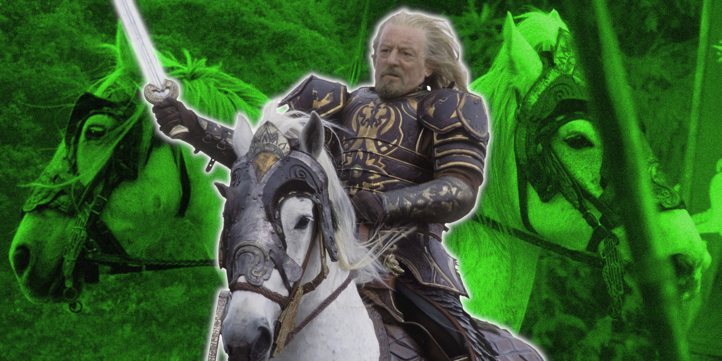 Theoden and Snowmane in front of green pictures of Snowmane from The Lord of the Rings