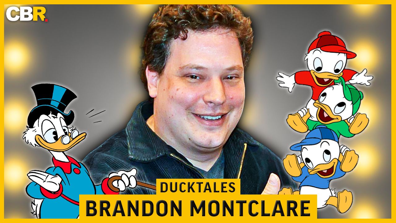 An image of DuckTales writer Brandon Montclare surrounded by the DuckTales characters