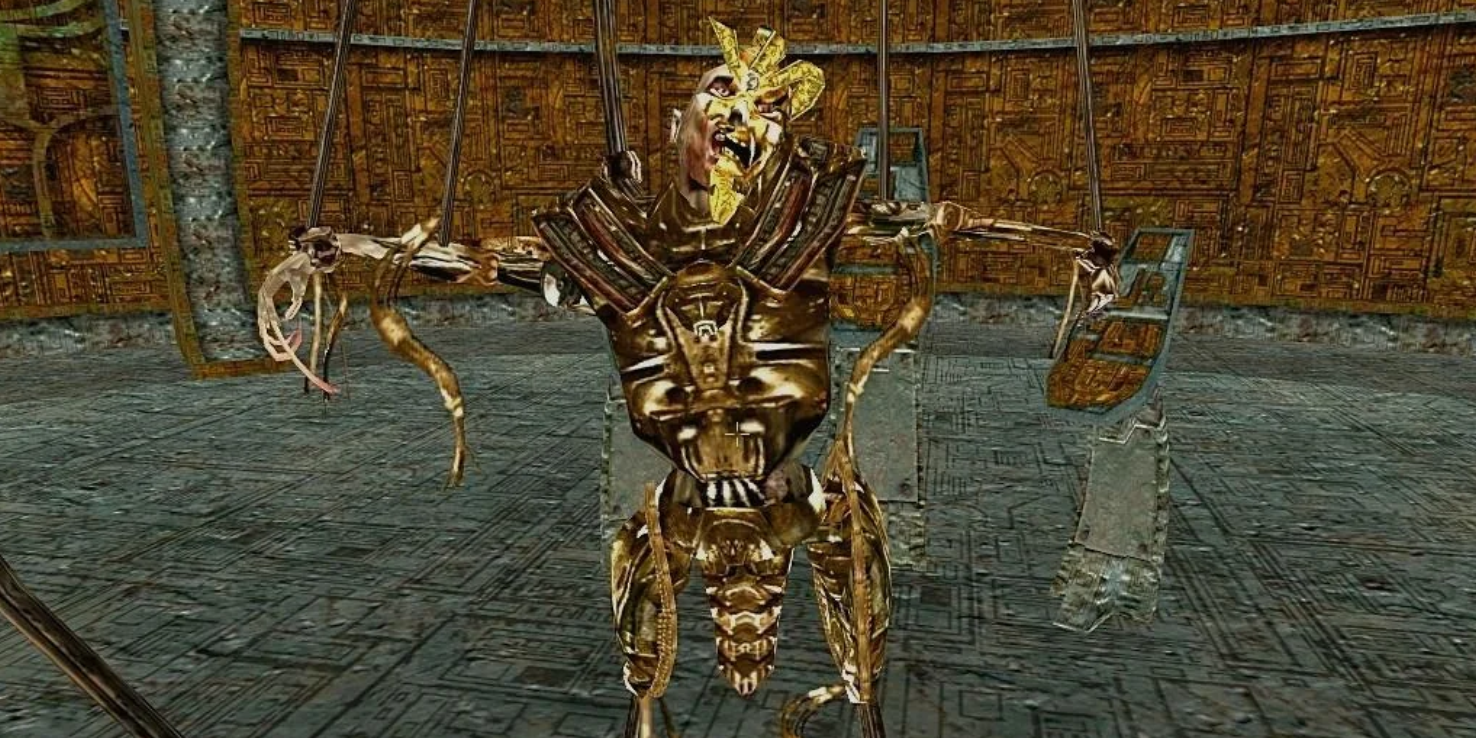 O cadáver desgrenhado de Sotha Sil é deixado apodrecer nos rolos mais velhos III: Tribunal.