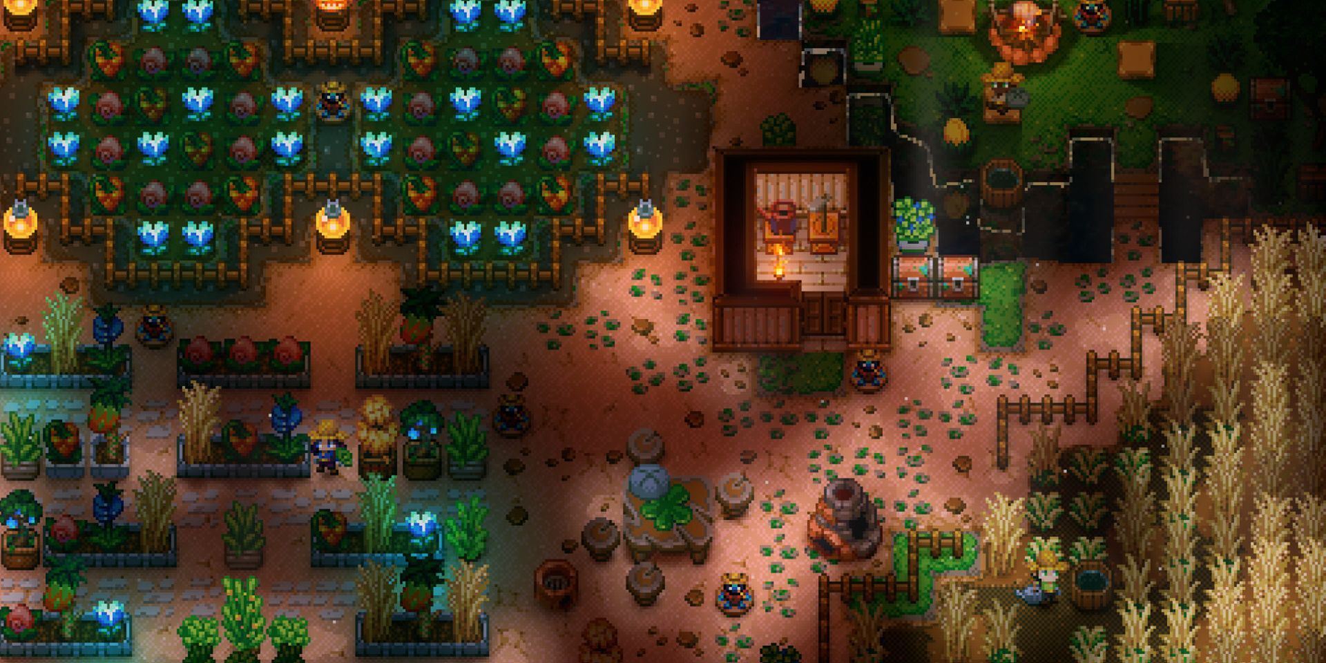 Una imagen de una granja y una base en el juego Core Keeper.