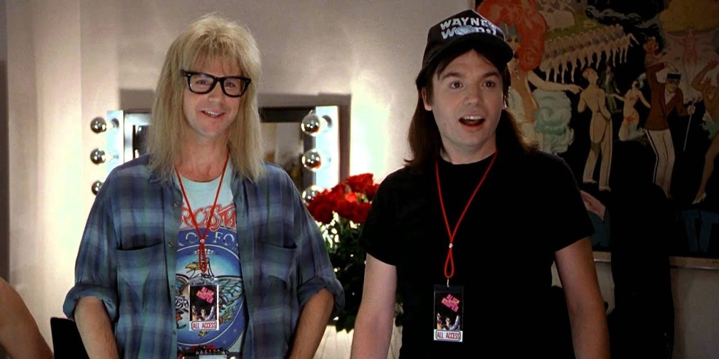 Wayne e Garth nos bastidores de um show de Alice Cooper no mundo de Wayne