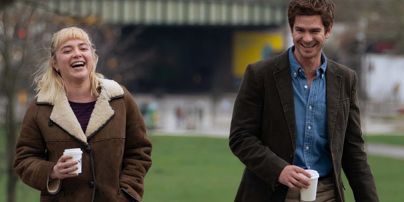 We Live in Time's Florence Pugh and Andrew Garfield walking with coffee