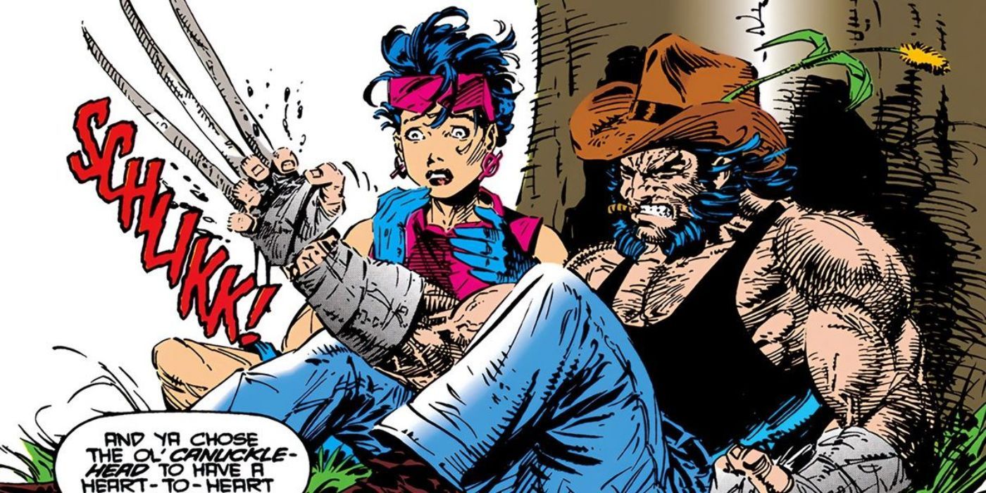 Wolverine muestra sus garras de hueso frente a Jubilee en X-Men de Marvel Comics.