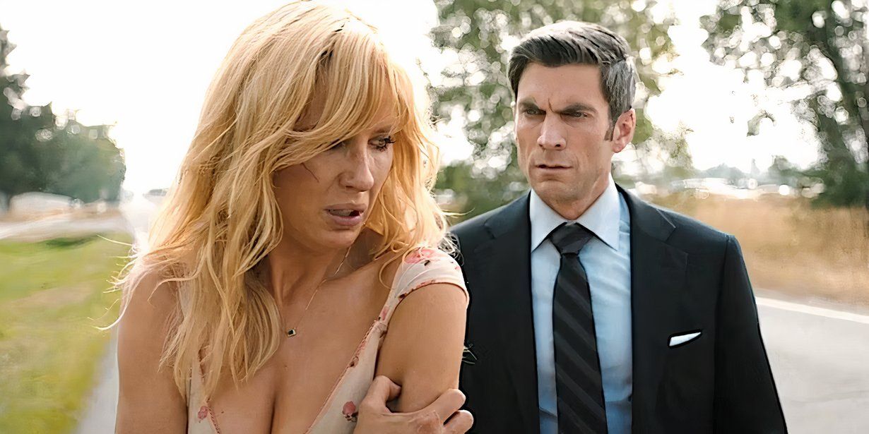 Wes Bentley as Jamie Dutton and Kelly Reilly as Beth Dutton having an argument in the middle of a Montana street in Yellowstone.