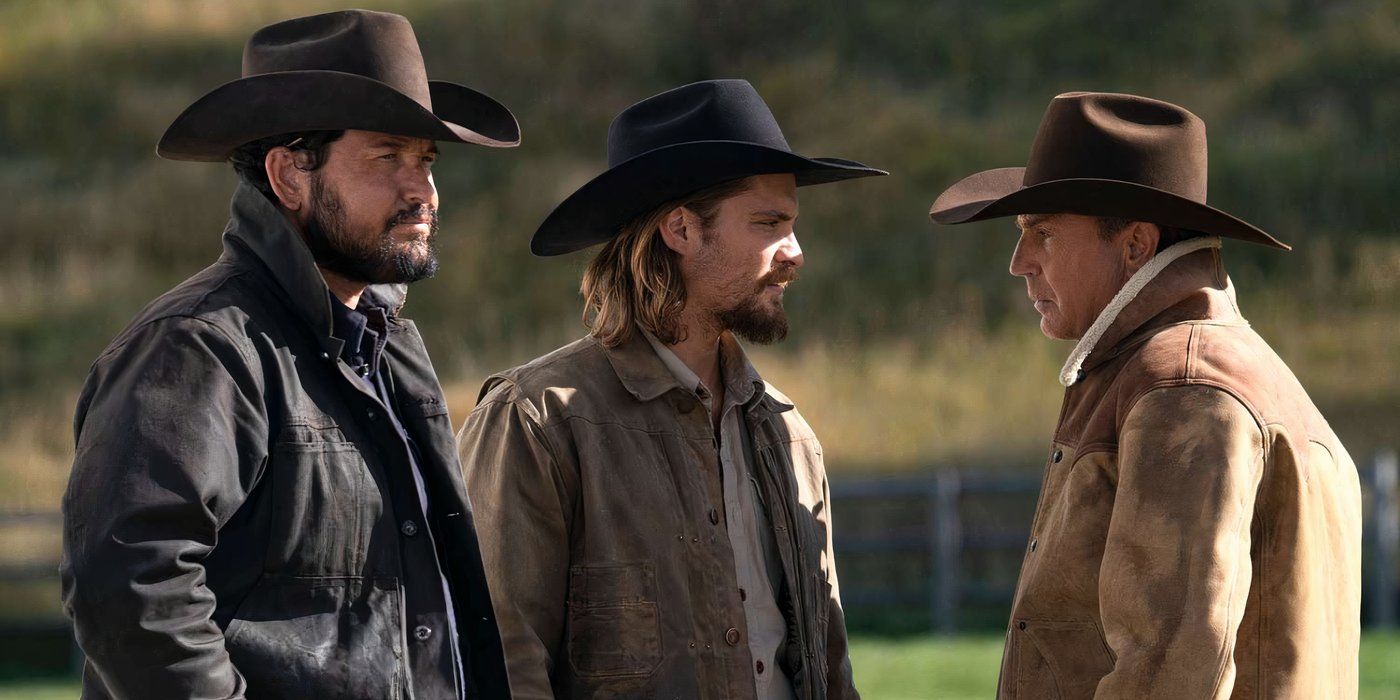 John Dutton, Kayce Dutton and Rip Wheeler discuss how to move cattle through the pass that morning in Yellowstone.